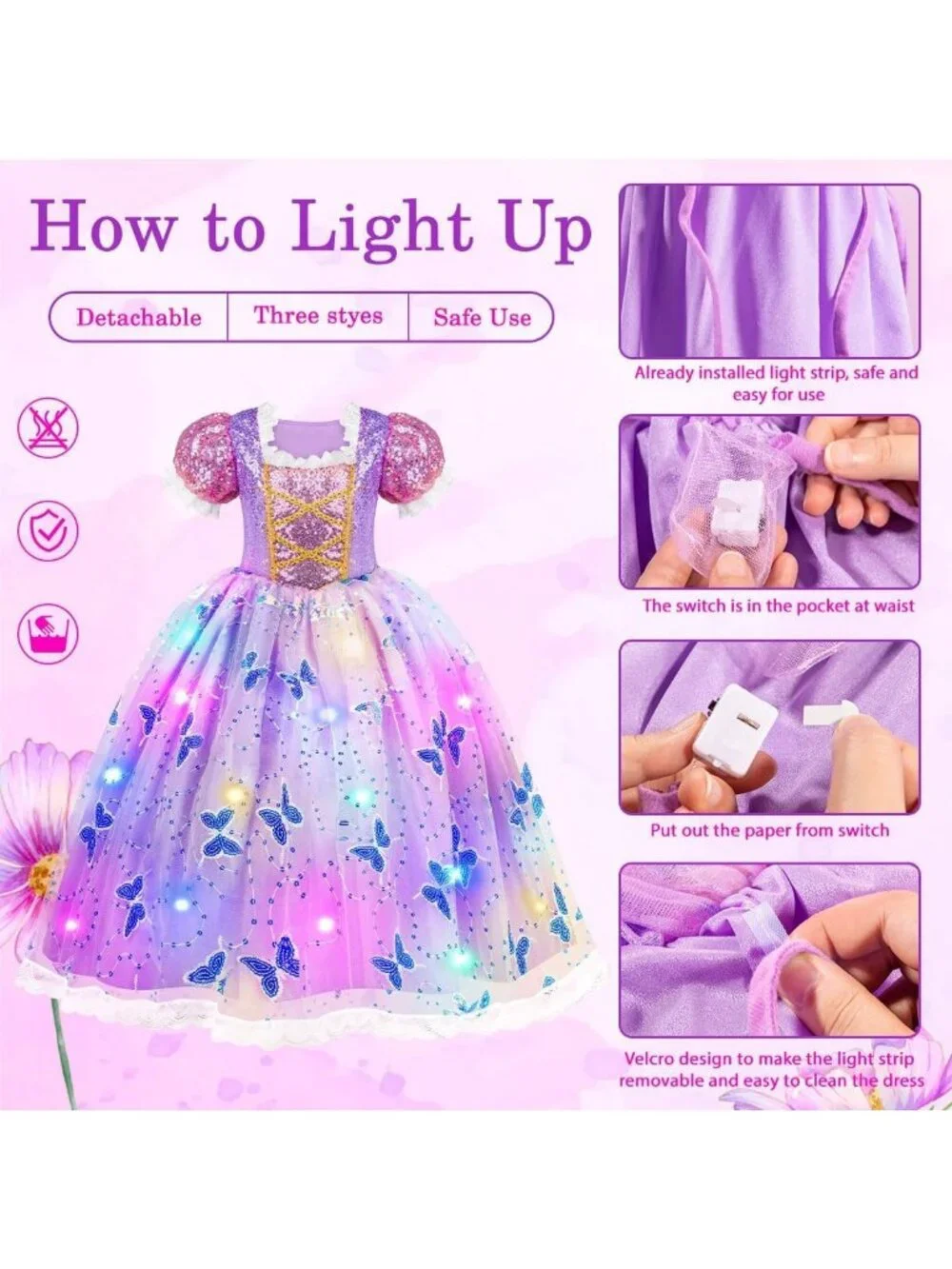 Girls Light Up Princess Costume Dress Halloween Birthday Gift Ages 3-10